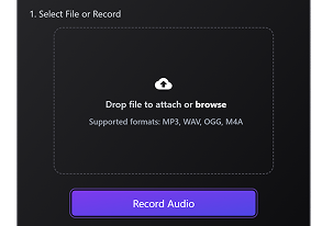 File upload interface for attaching or recording audio in supported formats
