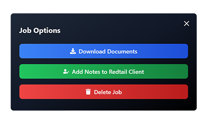 Job options panel showing buttons to download, add notes to Redtail, or delete job