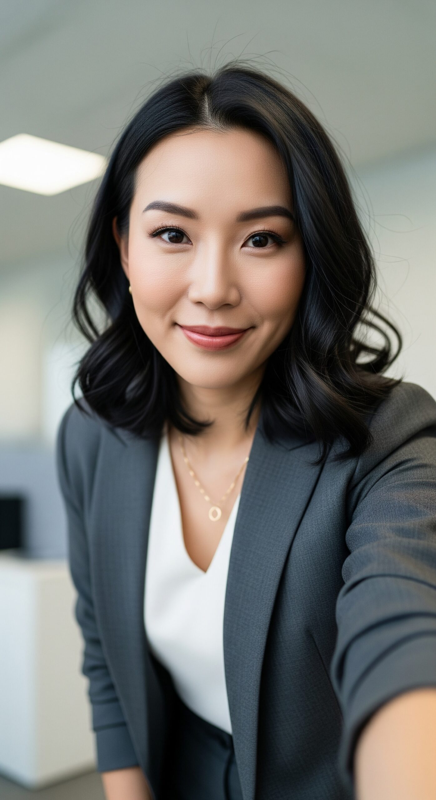Smiling professional woman in gray blazer taking a video call in office