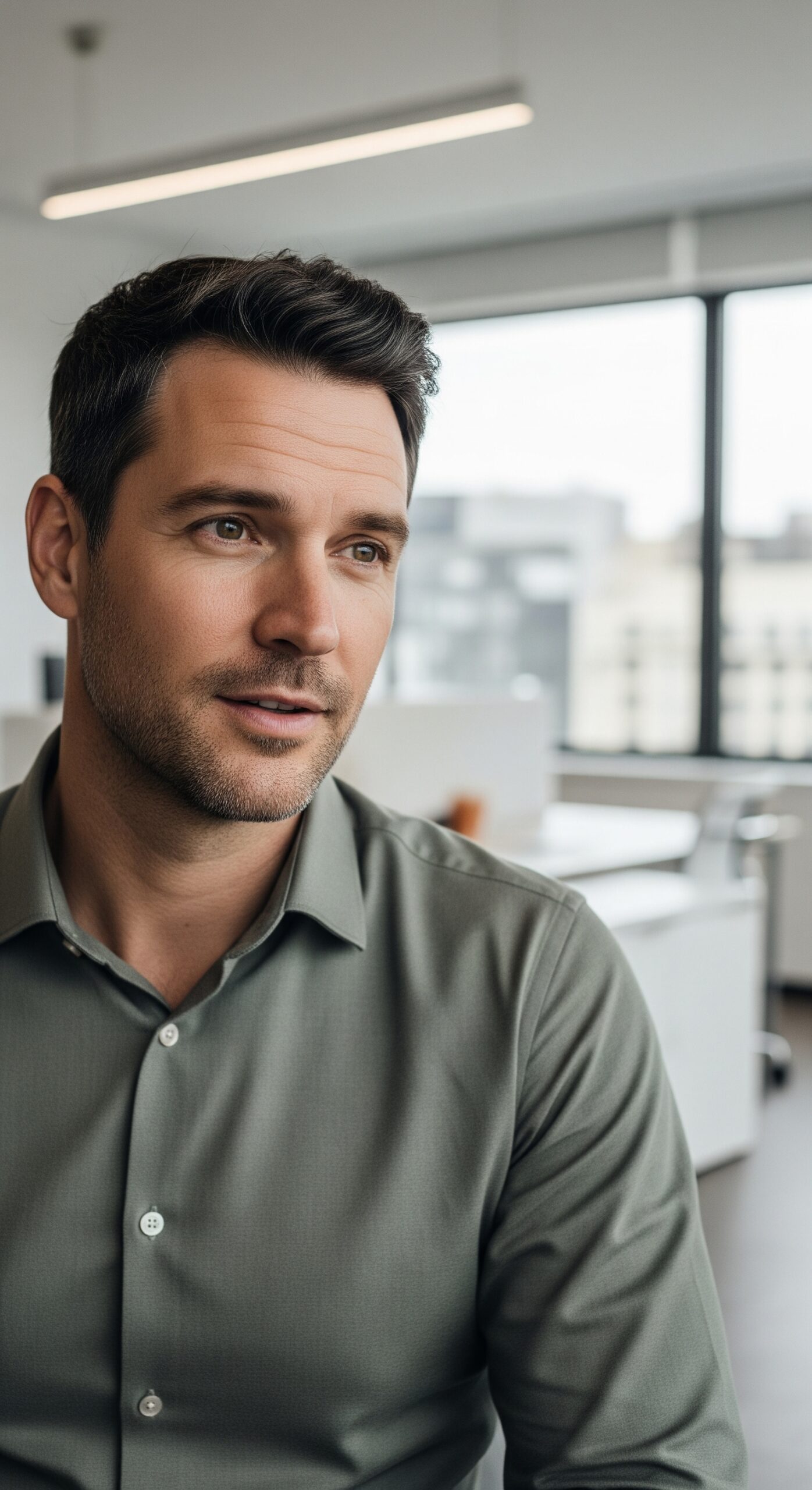 Professional man in green shirt speaking during a business meeting