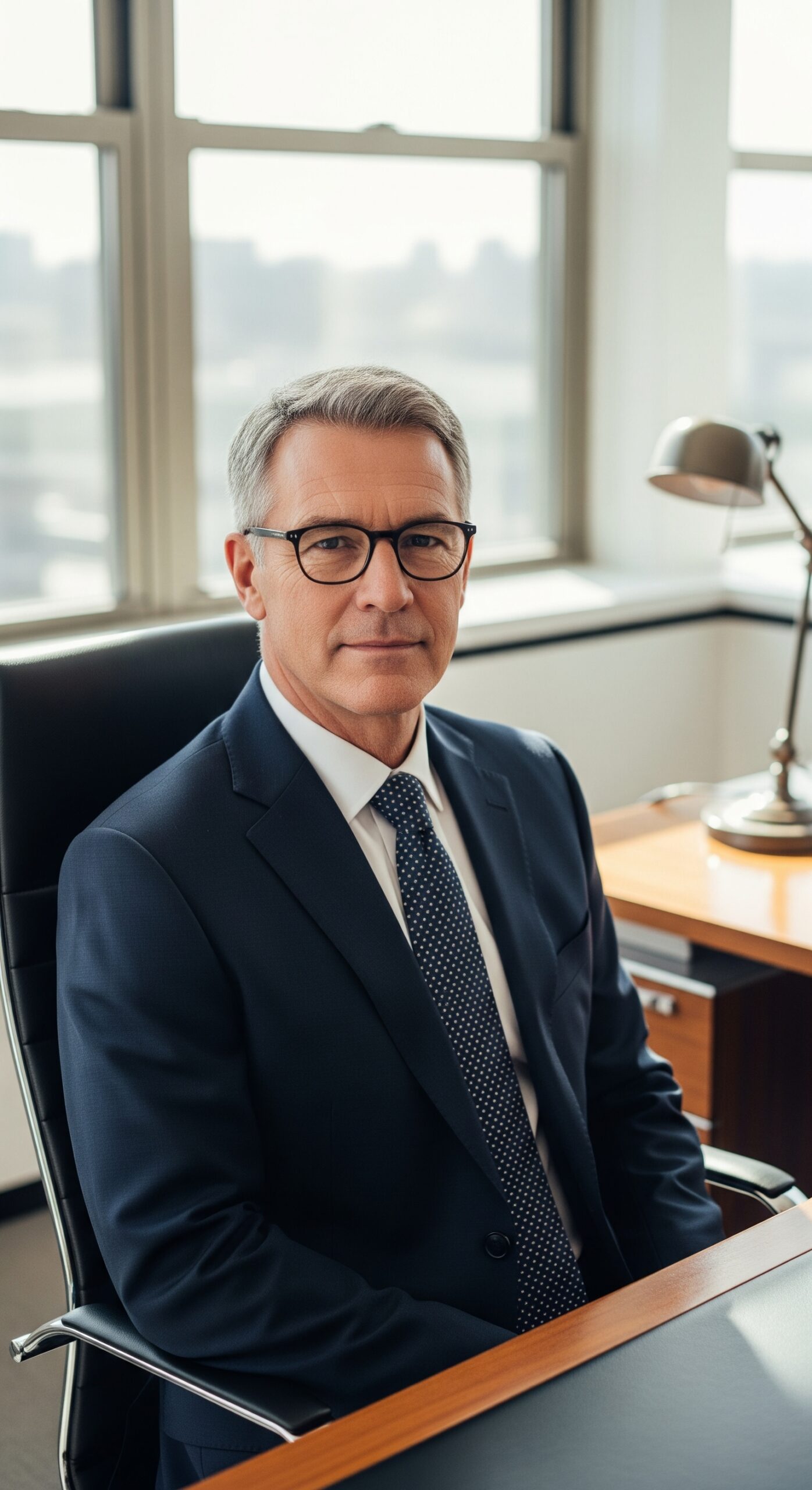 Senior executive in suit sitting at office desk with a confident expression