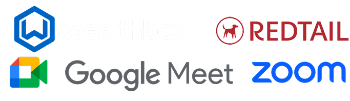 Wealthbox, Redtail, Google Meet, and Zoom logos for advisor tools integration