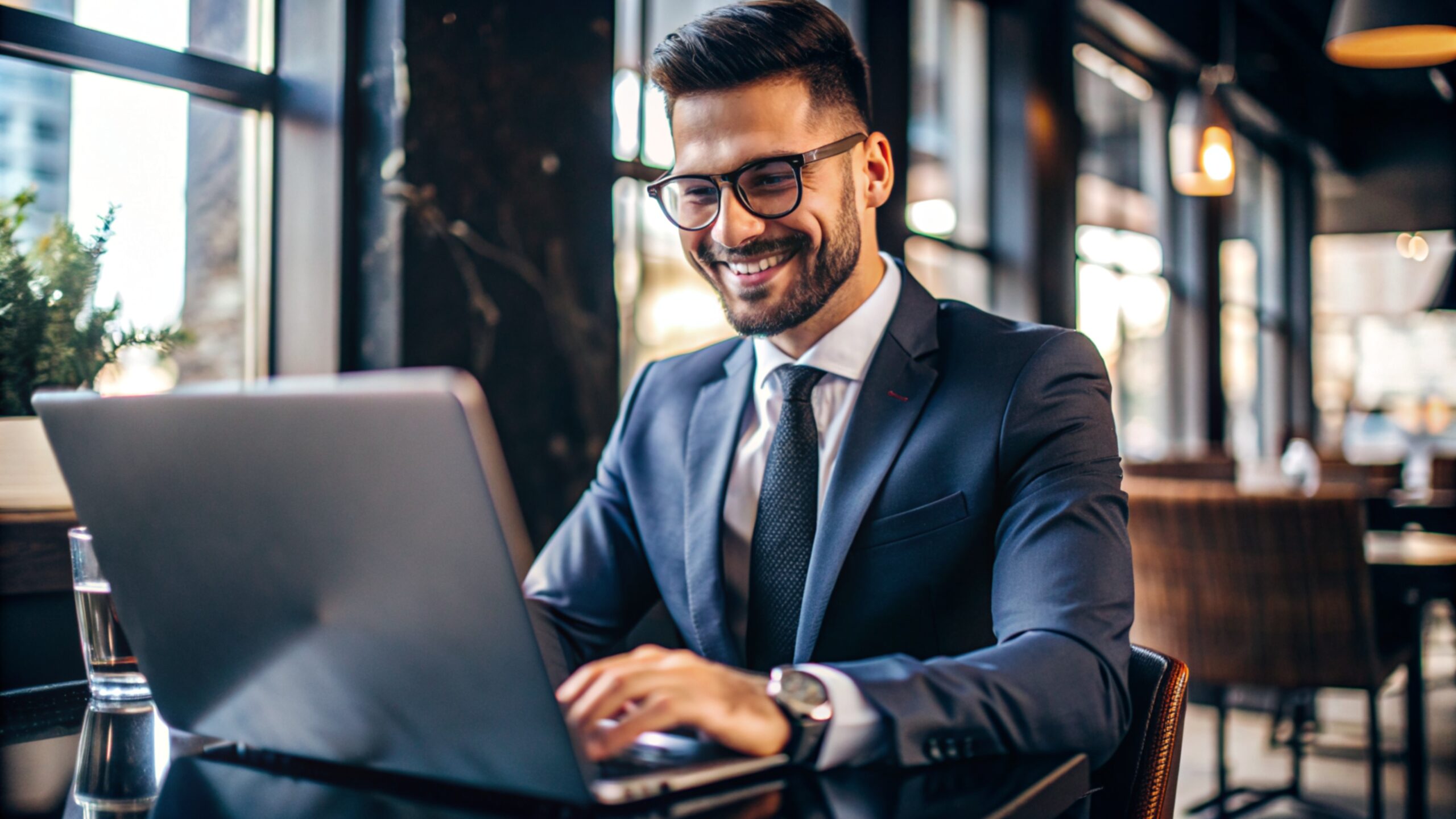 Businessman in suit and glasses working on a laptop in a modern café